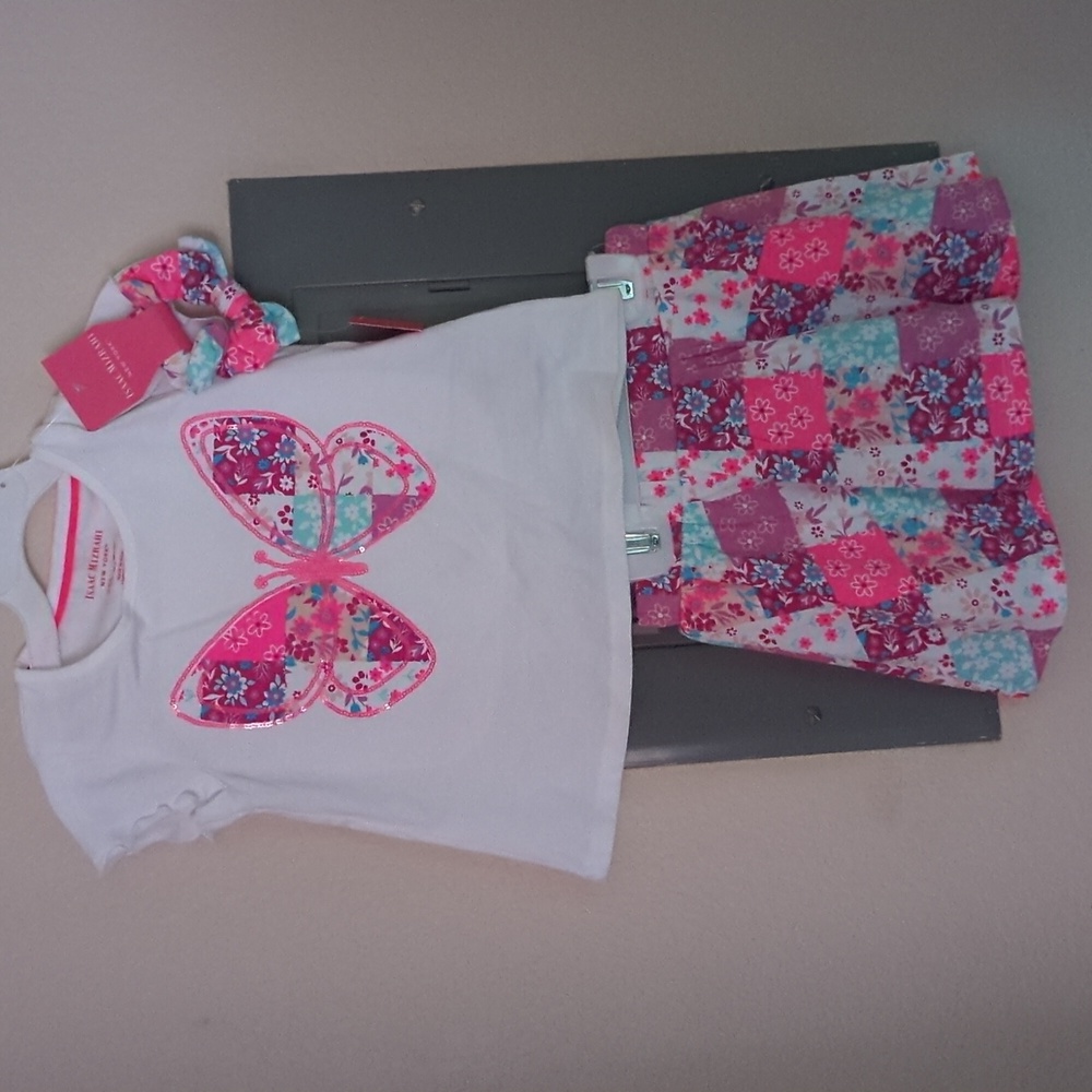 Isaac Mizrahi Girls Age 4-8, 2-piece Floral Pink Butterfly Shirt and Skirt Set